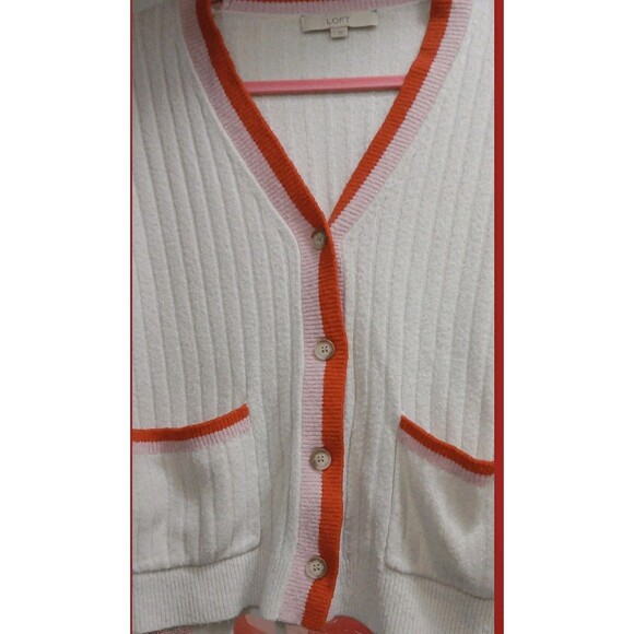 Y2K Preppy Cardigan Sweater LOFT Women’s L White Red Trim Ribbed Knit - Picture 4 of 7